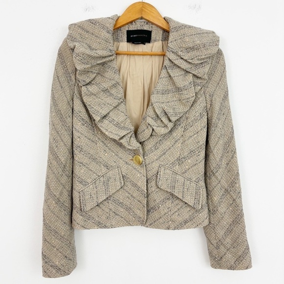 BCBGMaxazria Tan Tweed Wool Ruffle Lapel Neck Blazer Jacket Size Small - Picture 1 of 16